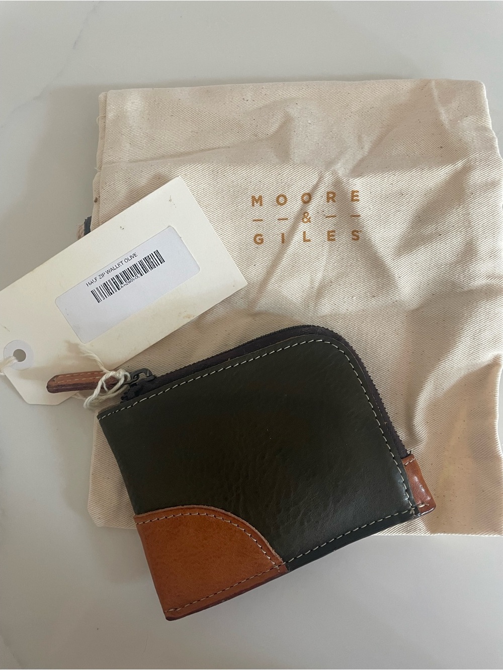 Moore and Giles Olive and Tan Leather half Zip Wallet